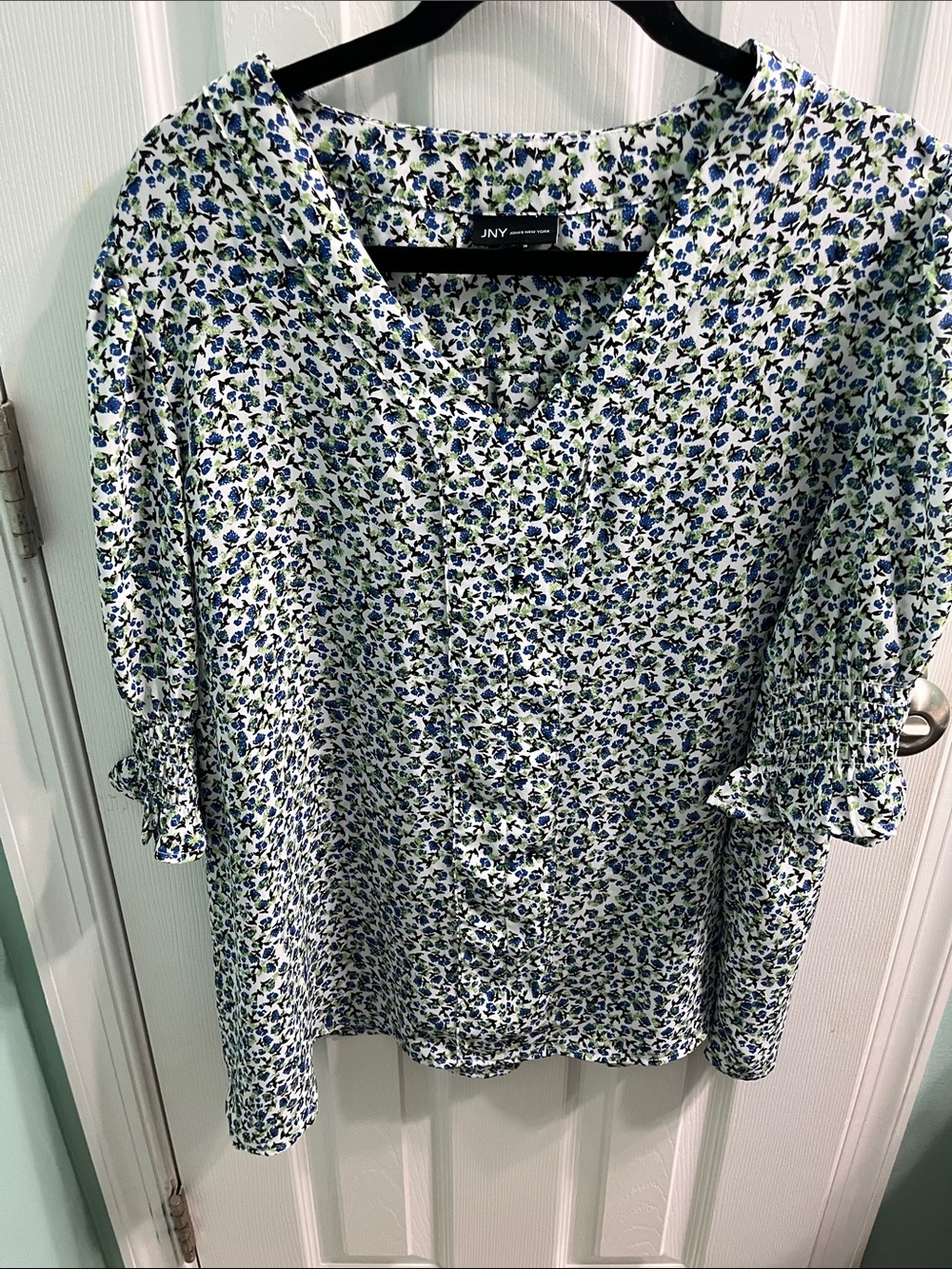 Jones New York White Blouse with Blue and Green Floral Print